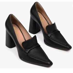 FOWT Black Rolled Single Belt Loafers Pointed Toe High Chunky Heel Pumps